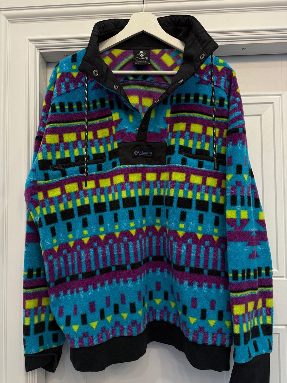 COLUMBIA POWDER KEG FLEECE RETRO BLUE GEOMETRIC MEDIUM MENS